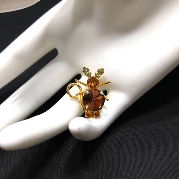 Vintage Austria Crystal Mouse Brooch, 1 Inch Figural Topaz & Citrine Rhinestones - Picture 3 of 10